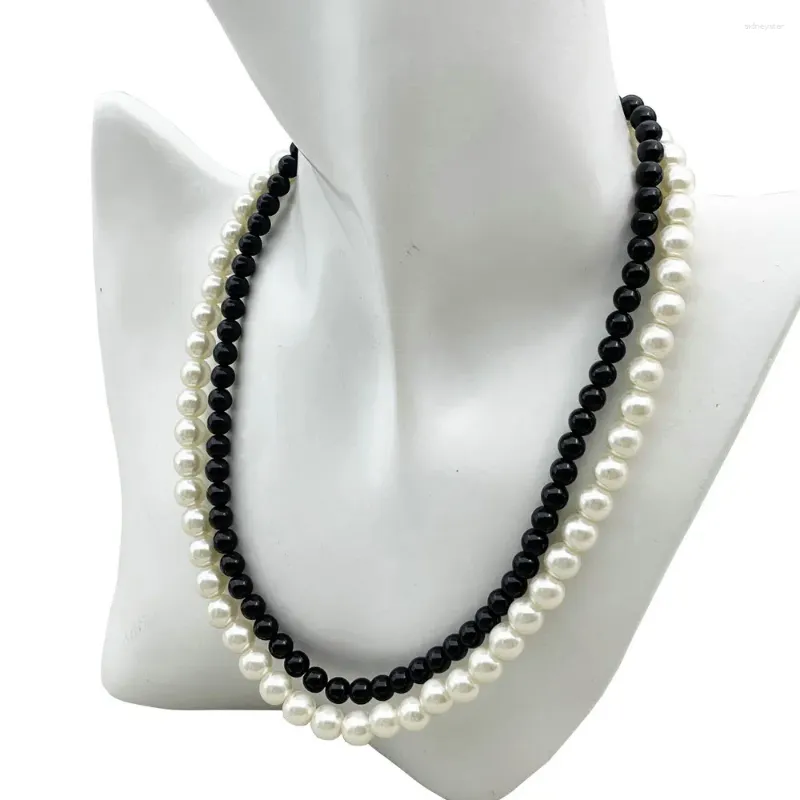 Ketten M158 Modeschmuck Schwarze Perlen Weiße Perle Doppelschichtige Halskette Frauen_voghion.com