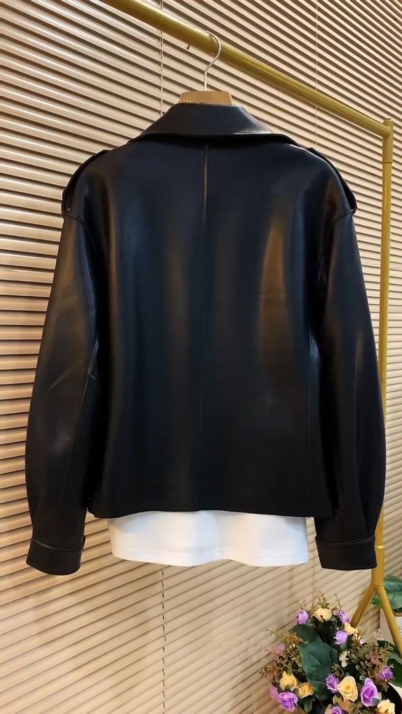 Abbigliamento da donna, giacca da abito di alta qualità, colletto in pelle PU lavata, alla moda, sottile, a maniche lunghe, alla moda_voghion.com