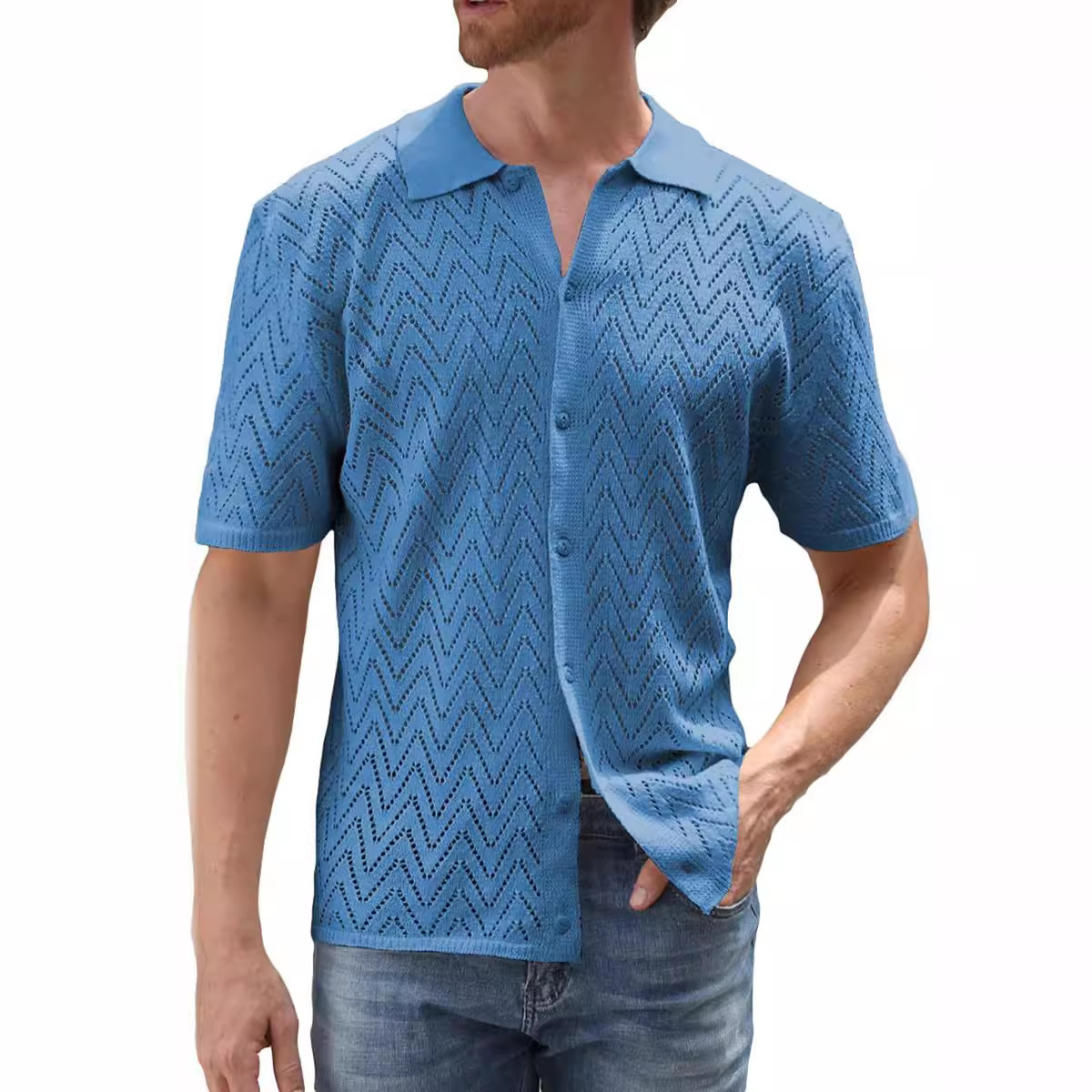 Ropa de hombre Camisa de punto informal para hombre Camisa de manga corta para hombre Cárdigan de color liso Tops calados Ropa de hombre_voghion.com