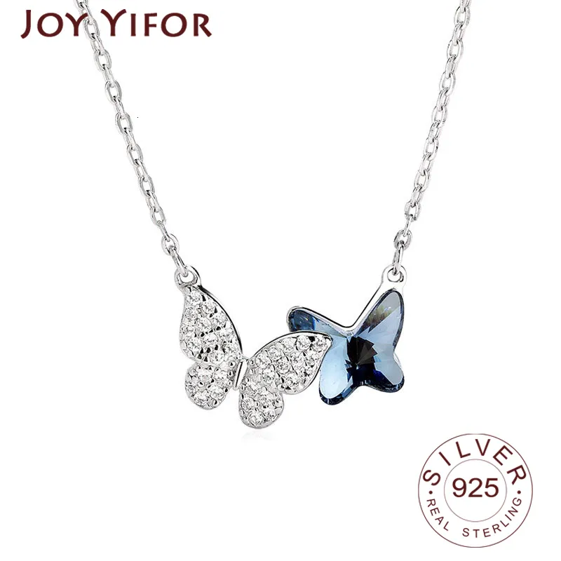 Collane con ciondolo da donna, elegante catena alla moda, a forma di farfalla blu, in argento sterling, collana rotonda 230426_voghion.com