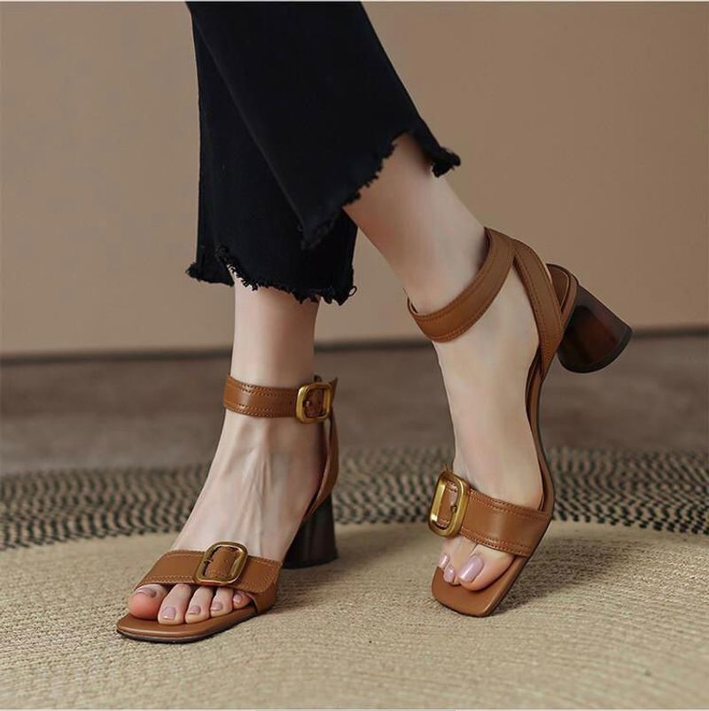 Metal High Heels Summer Square Toe for Women Vintage Buckle Lady Sandals Mid Heel Female Pumps_voghion.com