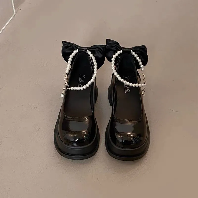 High Heel Small Leather for Women 2024 New Double Strap Chain Spring and Autumn Season Skirt Wearing 7CM Mary Jane Shoes_voghion.com