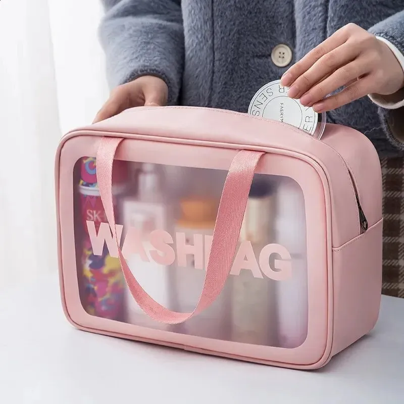 Bolsa de maquillaje portátil de PU, impermeable, de gran capacidad, transparente, para baño, 1 unidad, 240730_voghion.com