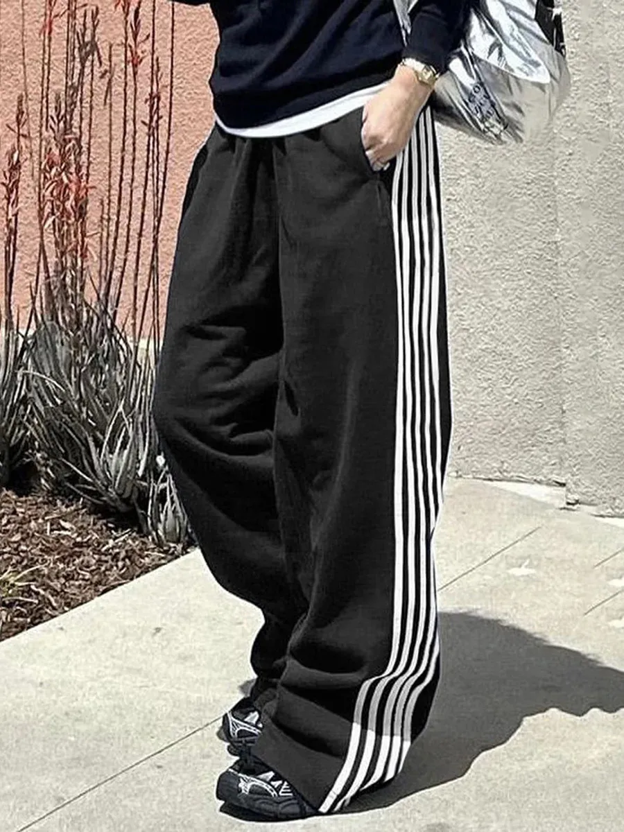 Women Y2k Wide Leg Track Pants Baggy Side Striped Joggers Sweatpants Elastic Waist Color Block Parachute With Pockets_voghion.com