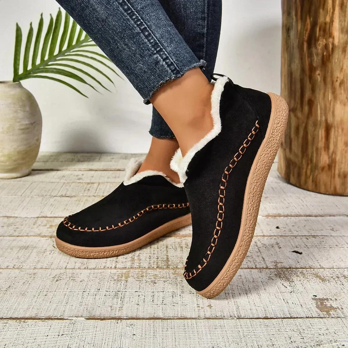 selg long sleeved womens winter round toe plush warm solid flat casual comfortable snow boots 240904_voghion.com