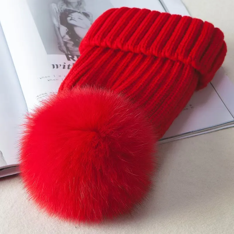 Gorro de lã tricotado de inverno feminino, gorro grosso e quente de pele com pompom, gorro feminino colorido_voghion.com