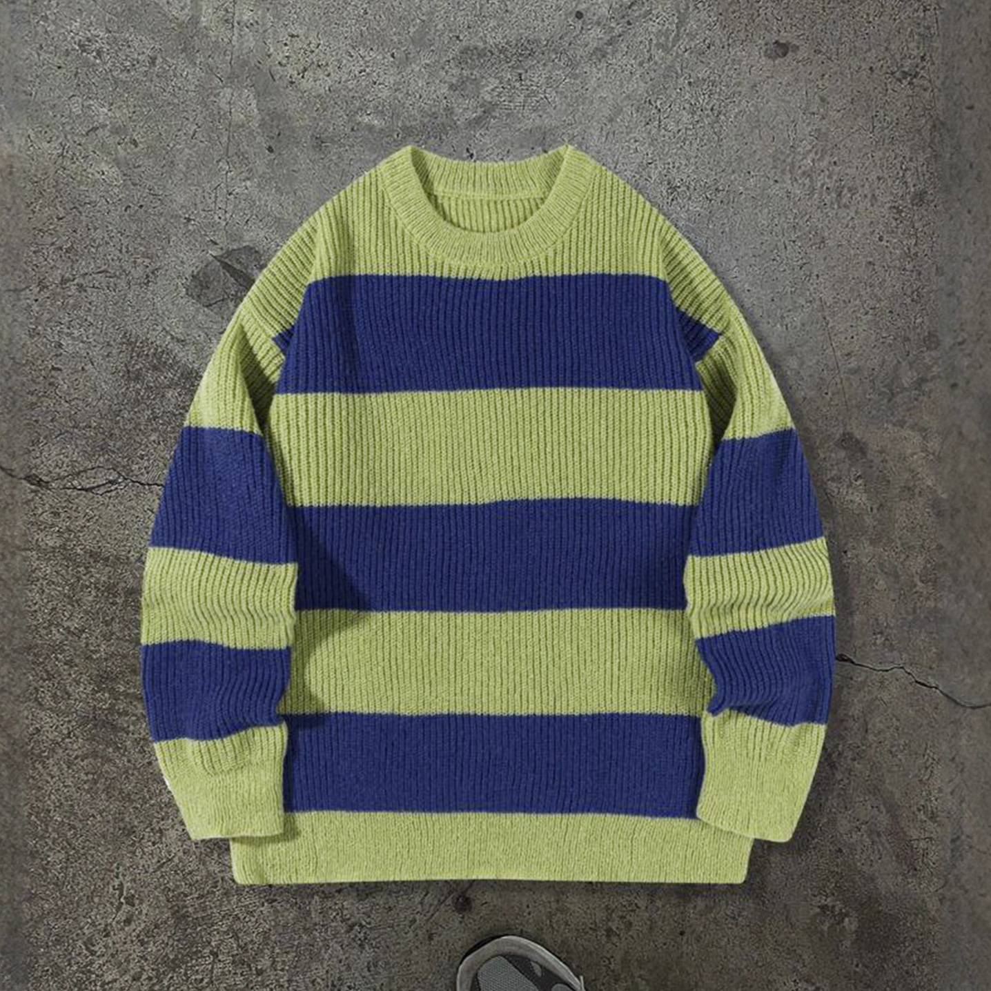 ​​Men's Relaxed Fit Striped Sweater – Oversized Crewneck Knit Pullover With Colorblock Design, Machine Washable & Stretch Comfort_voghion.com