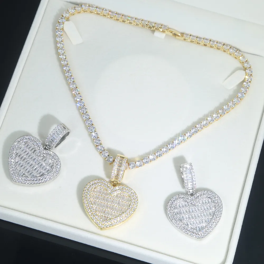 Chains Valentine's Day Gift Women Men Micro Paved 5A Cubic Zirconia Baguette Cz Big HipHop Full Iced Out Heart Pendant_voghion.com