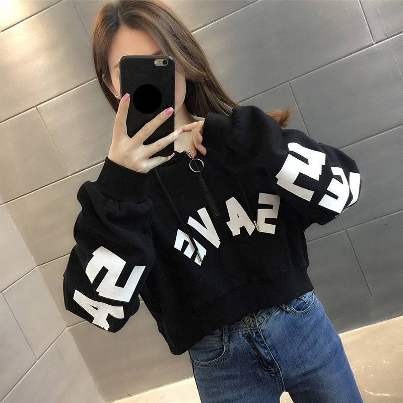Women's Clothing Half Zip Hooded Cropped Short Sweatshirt For Petite Women, New Early Autumn Style, Thin, High Waisted, Trendy And Stylish._voghion.com