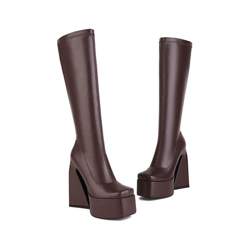 Damenstiefel in großen Größen mit halbhoher Sohle, quadratischer Spitze und wasserdichter Plateausohle_voghion.com