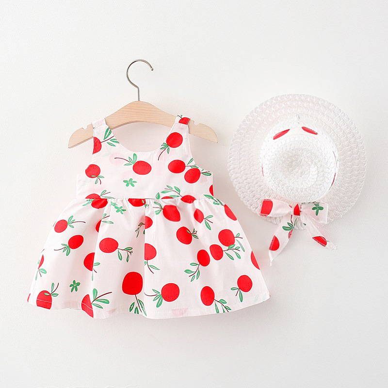 Infant Sling Dress Back Bow Baby Girl Dress Cotton Breathable Baby Clothes Fruit Pattern Sleeveless Mini Dress Set Hat For Girls_voghion.com