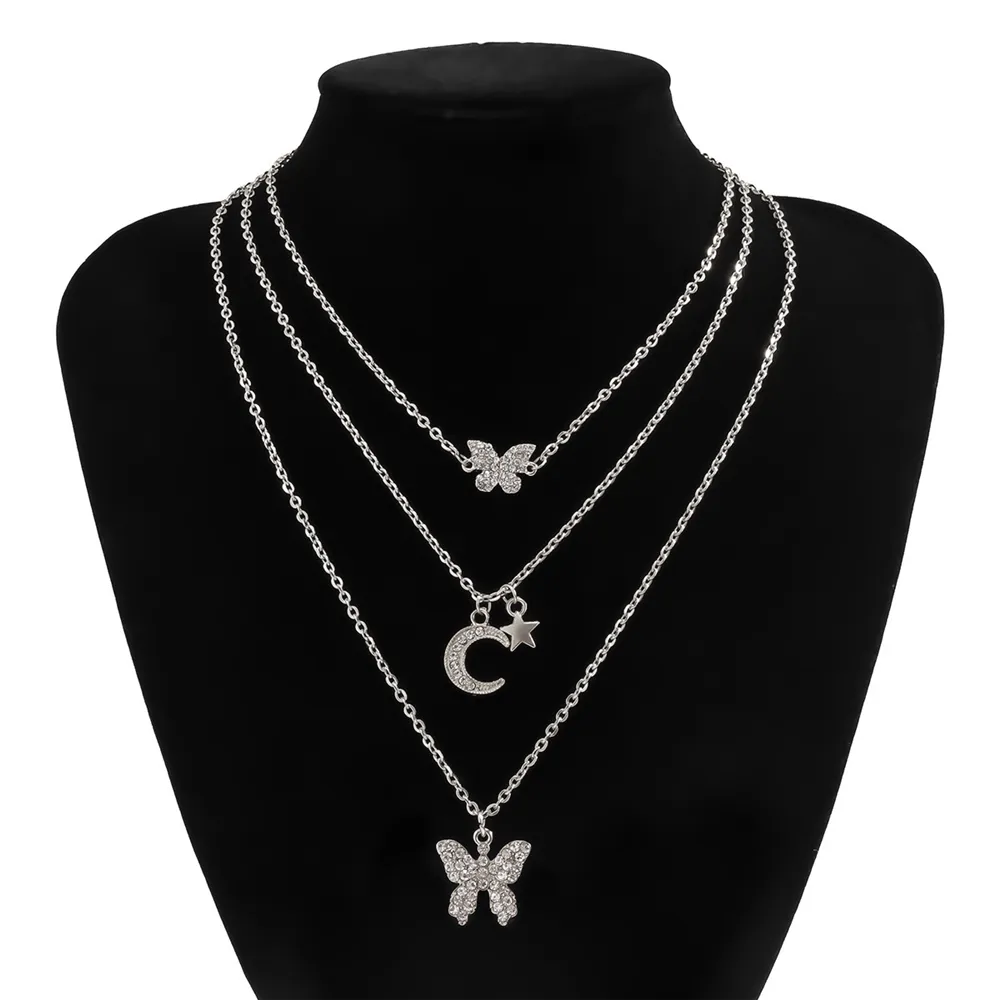 Colliers pendentifs mode bohème plaqué or argent couleur cristal papillon lune étoile collier pour femmes collier ras du cou multicouche_voghion.com