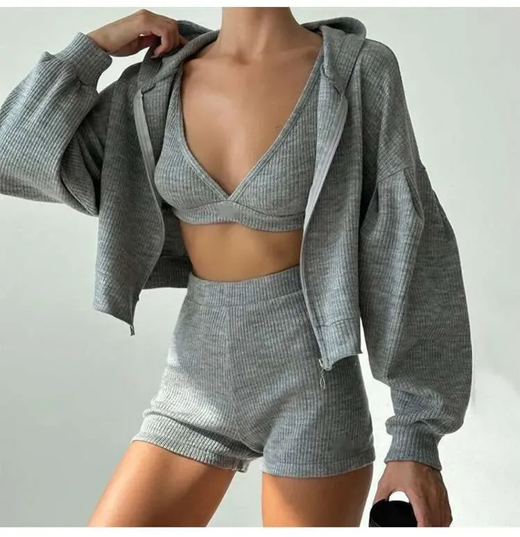 ALL121 Yoga Topp Sweatshorts Hettegenser Tre stk sett Dame Sport Dress Strikket Glidelås Hette Cardigan Sweatshirt Vneck_voghion.com