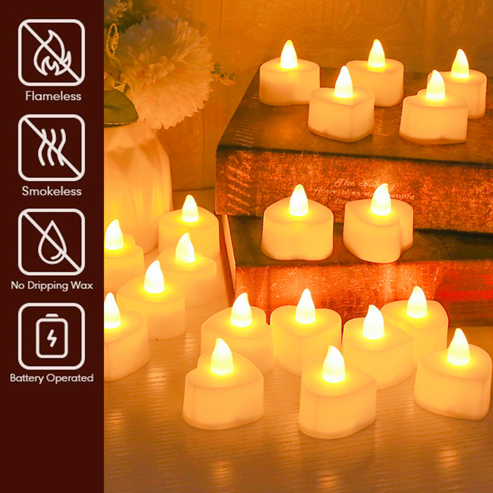 24 Stück Flammenlose LED-Kerzen für Zuhause, Weihnachtsfeier, Hochzeitsdekoration, herzförmige elektronische batteriebetriebene Teelichter_voghion.com