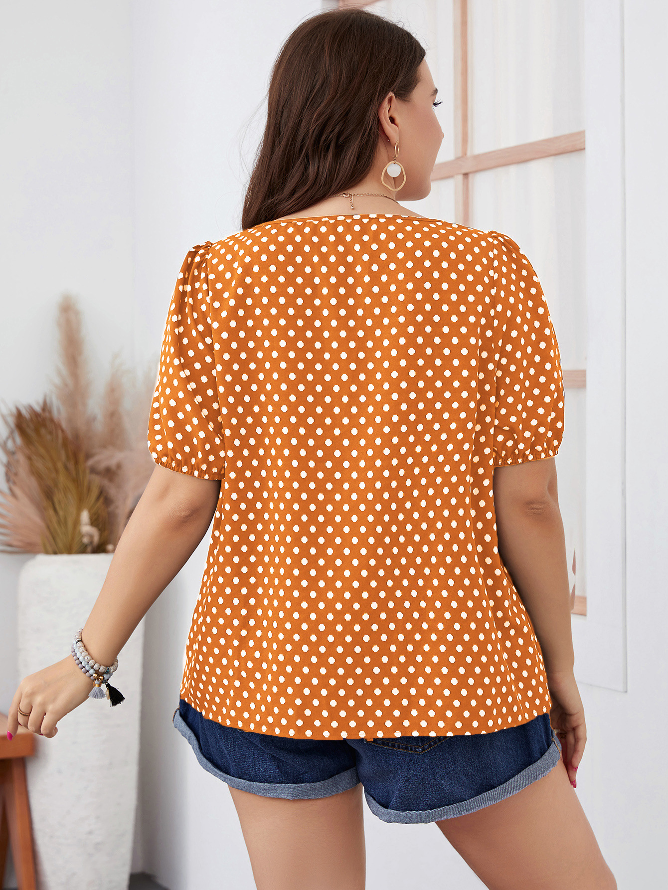 Women's chiffon short woven round neck plaid temperament commuting pullover polka dot large size women's shirt_voghion.com