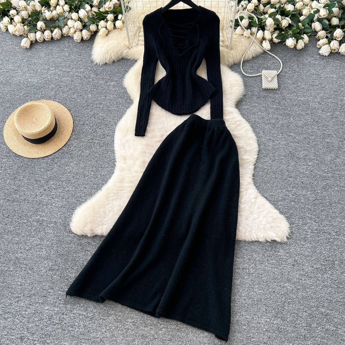 ​​Elegant Two-Piece Outfit – Lace-Up V-Neck Sweater & High-Waist Flared Skirt Set, Feminine & Flowy Fall/Winter Knit Dress Ensemble​​_voghion.com