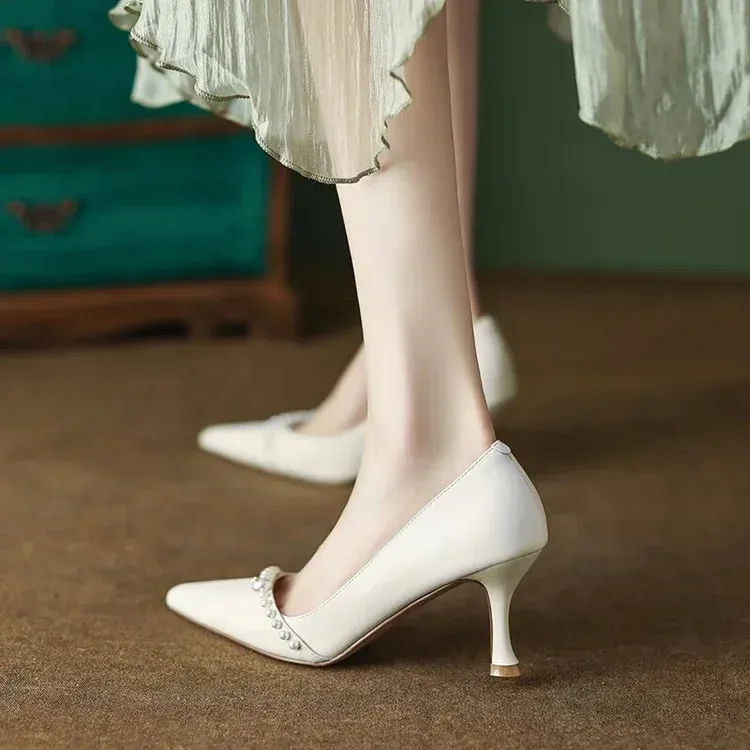 Damen Pumps Weiß Hochzeit High Spitzschuh String Bead Bootsschuhe Dünne Absätze Basic Pump Perlen Schwarz 2024 03c2_voghion.com