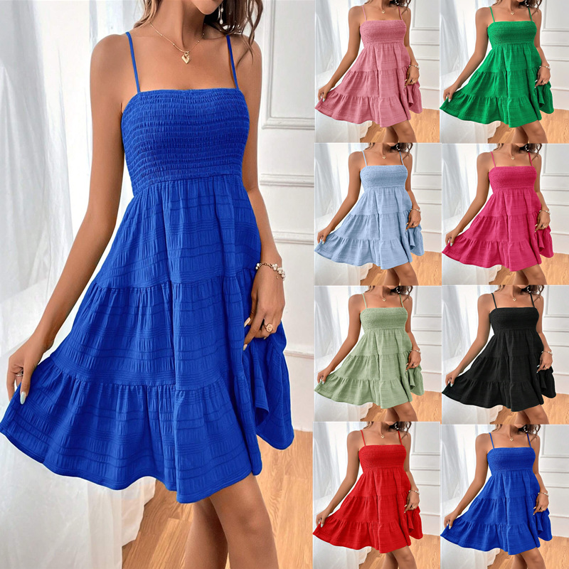 2025 Women's Summer New One Collar Thin Strap Solid Color Versatile Texture Dress_voghion.com