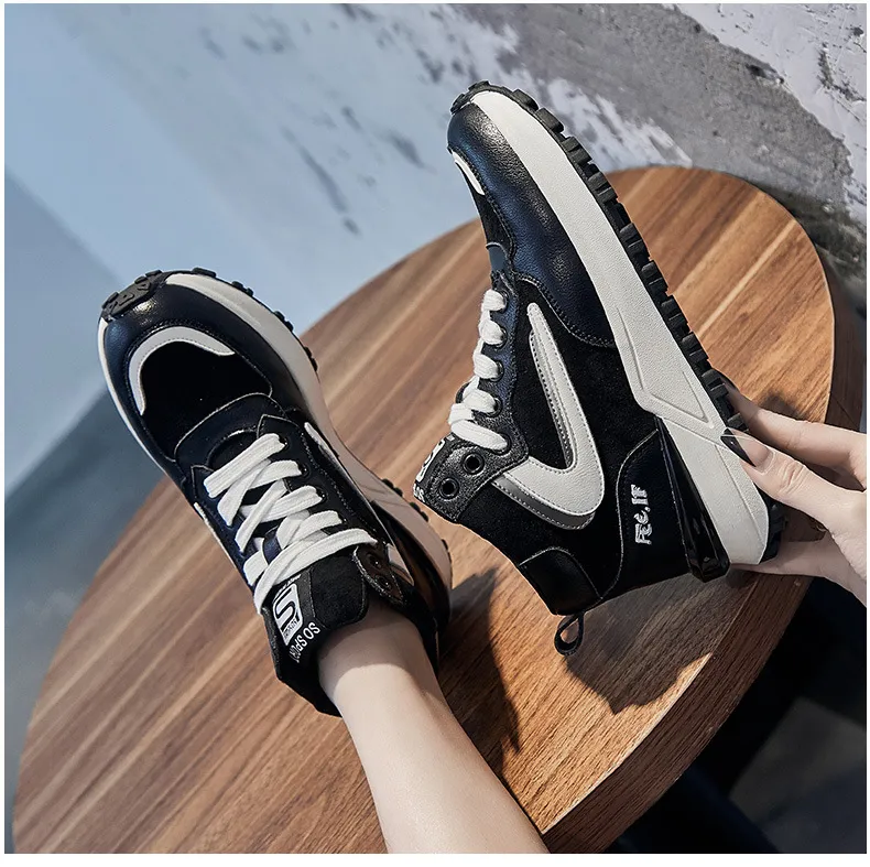 Genuine Leather Sneakers For Women Mixed Color Platform Casual Autumn Winter Warm Plush High Top Sports Shoes_voghion.com