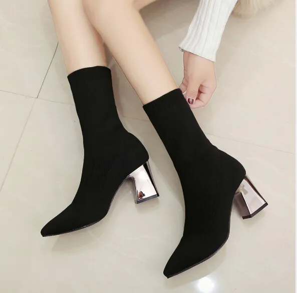 Saldi caldi - scarpe col tacco alto in maglia di colore selvaggio da donna europee e americane, stivali Martin caldi e antiscivolo_voghion.com