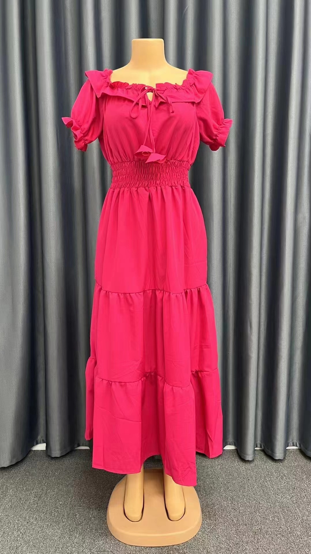 Rosso Beige Denim Cotone Taglia Stretta Floreale Pois Lungo Scollo Off Midi Autunno Estate Fine Cravatta Cerniera Solido Resistente Indumento_voghion.com