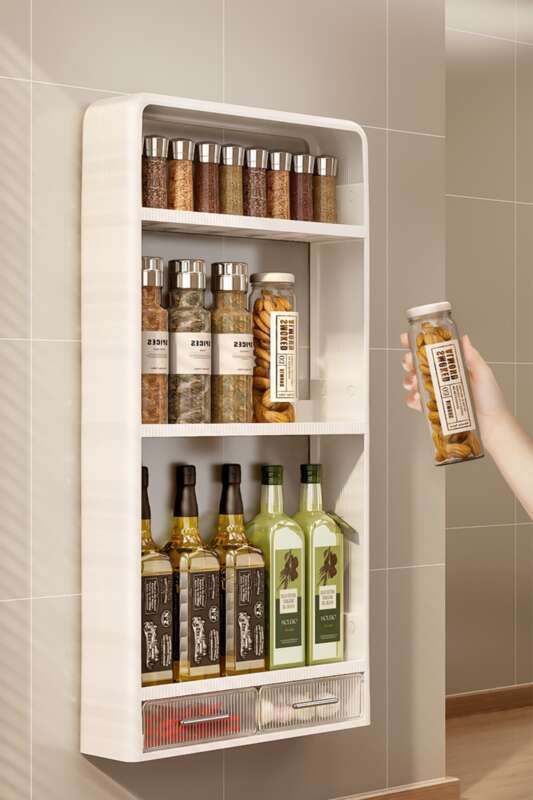 Kitchen Non Perforated Wall Mounted Multi-layer Cabinet, Jar, Kitchen Nail Free Storage Rack, Seasoning Rack_voghion.com
