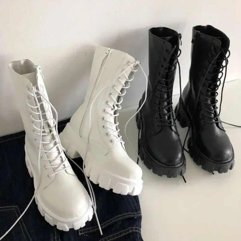 Martin Womens Autumn/winter Thick Bottomed Heightened Lace-up Boots Versatile Vintage Treaded Mid-calf Motorcycle 240629_voghion.com
