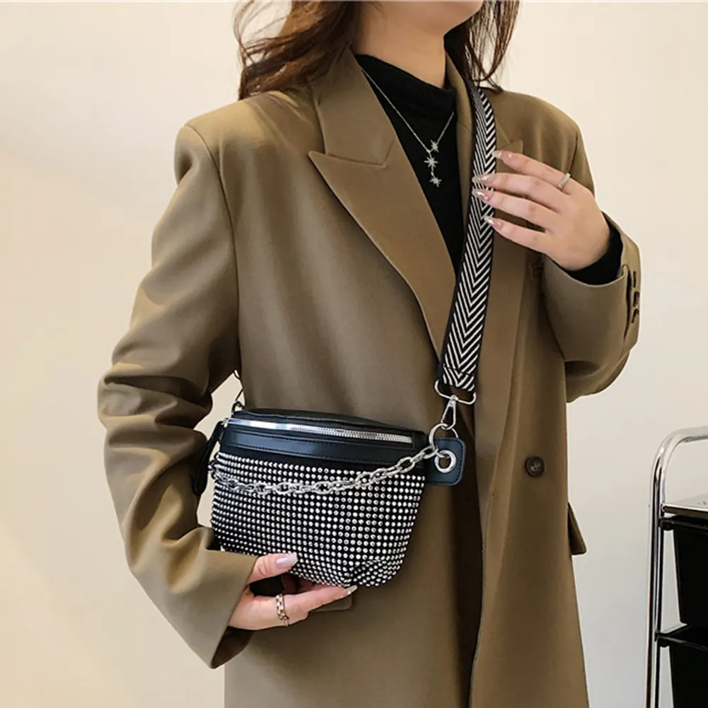 Rhinestone Ladies Handbags Fashion Chain Female Sling Waist Pack Casual Adjustable Strap Portable Elegant For Weekend_voghion.com