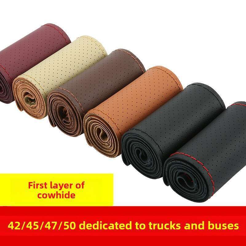 Head Layer Cowhide Hand Sewn Steering Wheel Cover For Buses, All-season General Vehicles, Genuine Leather Handle Covers_voghion.com