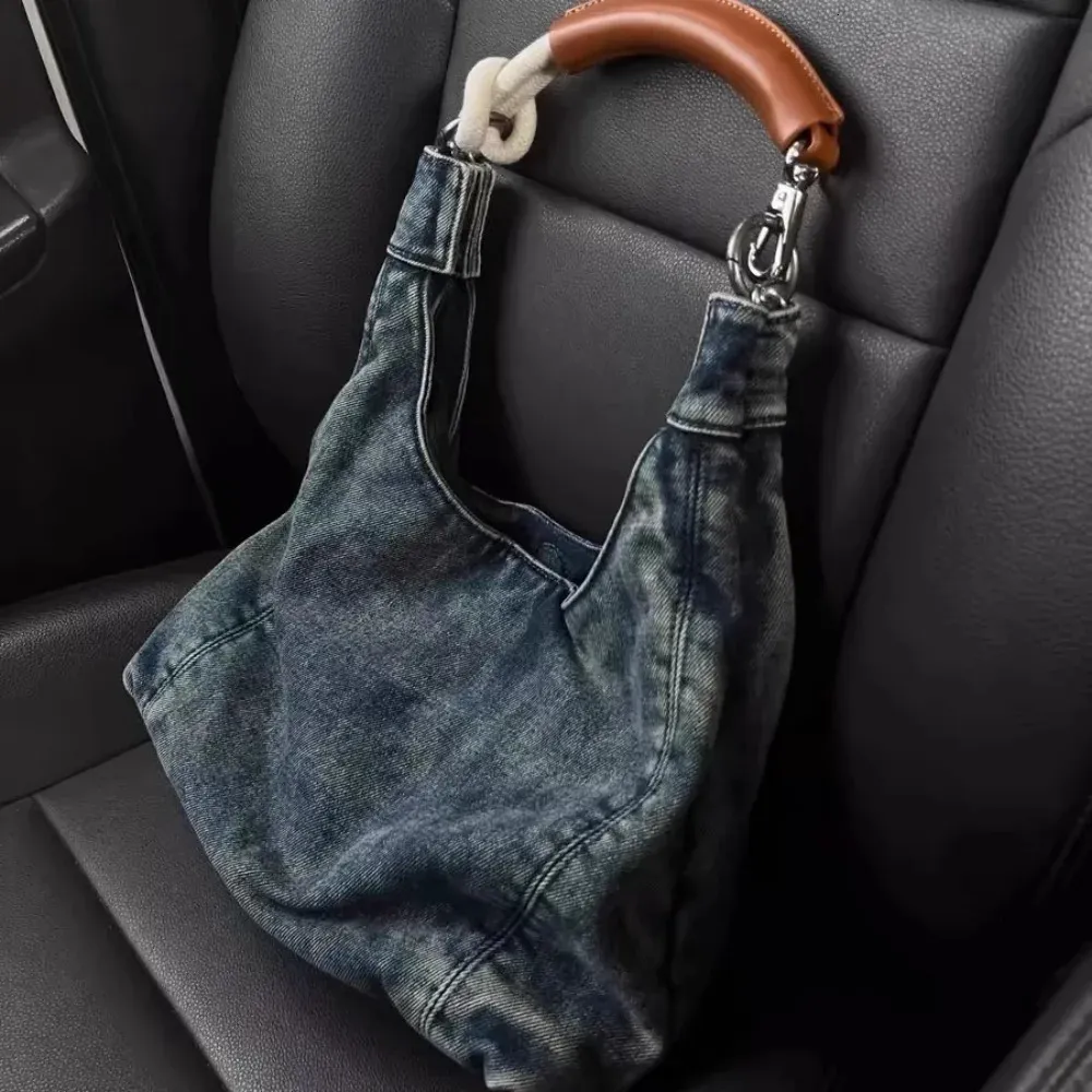 Borsa a tracolla retrò in denim per donna con manico in pelle sottobraccio, borsa da viaggio per il tempo libero di alta qualità, borsa hobo piccante alla moda 240823_voghion.com