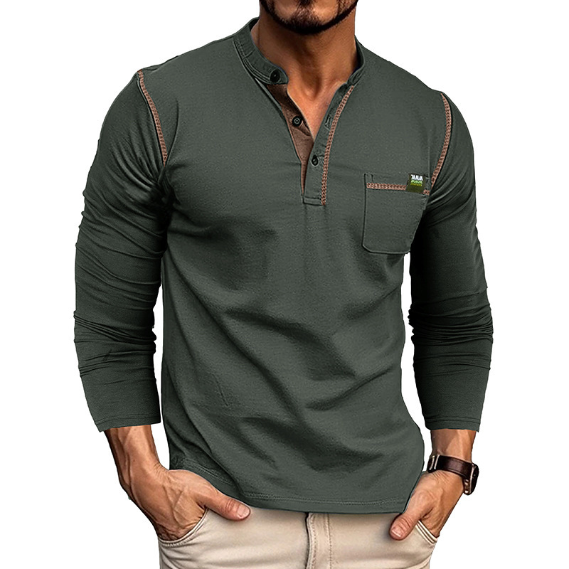 Heren henley t-shirt lange mouwen outdoor stijl casual top_voghion.com
