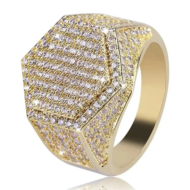 Pronto Stock ragazza Moda Anelli Rame Oro Argento Colore Ghiacciato Fuori Bling Pave Zirconia Cubica Geometria Anello Ciondoli Per Uomo Regalo_voghion.com