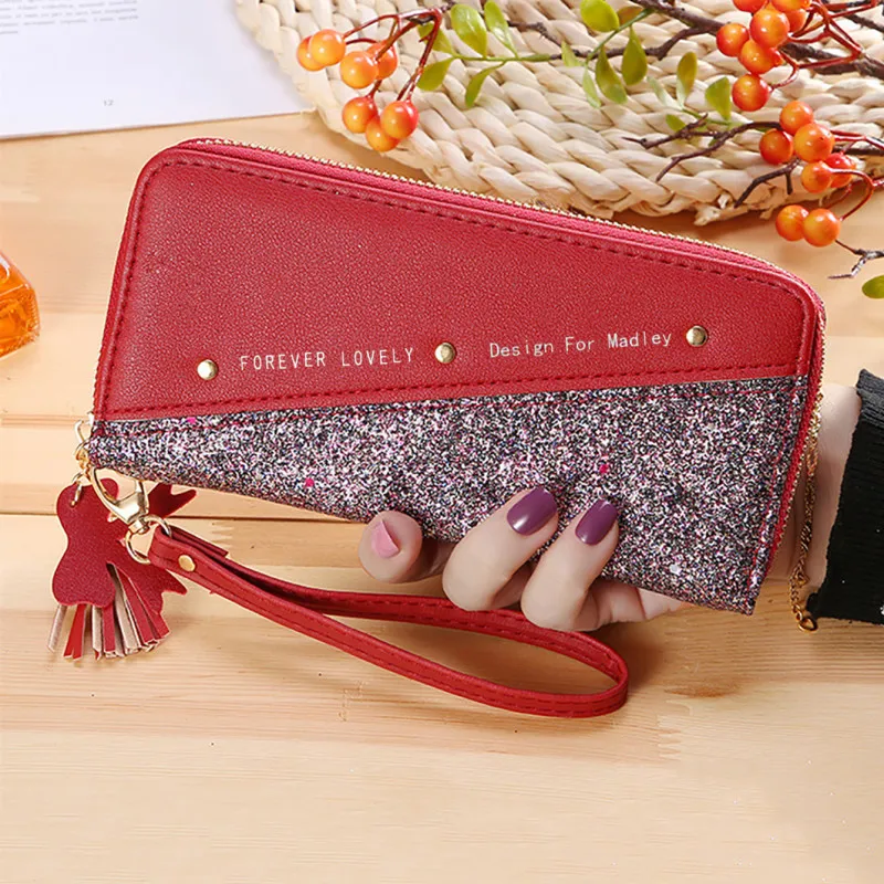 Yogodlns Damen-Geldbörse aus PU-Leder mit Kartenhalter, Handtasche mit Quaste, modische Umschlagtasche, Kontrastfarbe, Geldbörse B_voghion.com