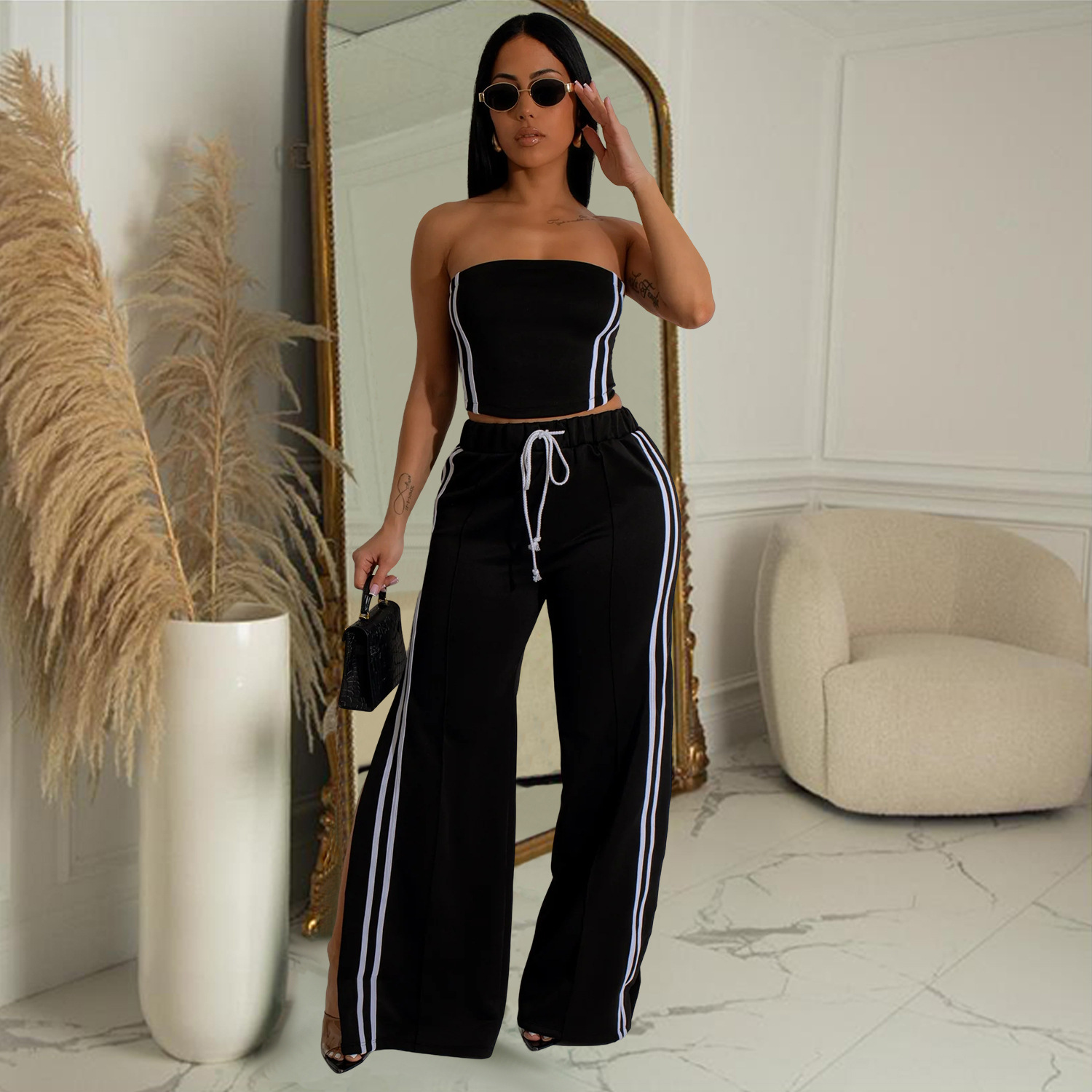 Women's Clothing New Fashion Slim Solid Color Tube Top Wide Leg Pants Suit Two Piece Set Delivery