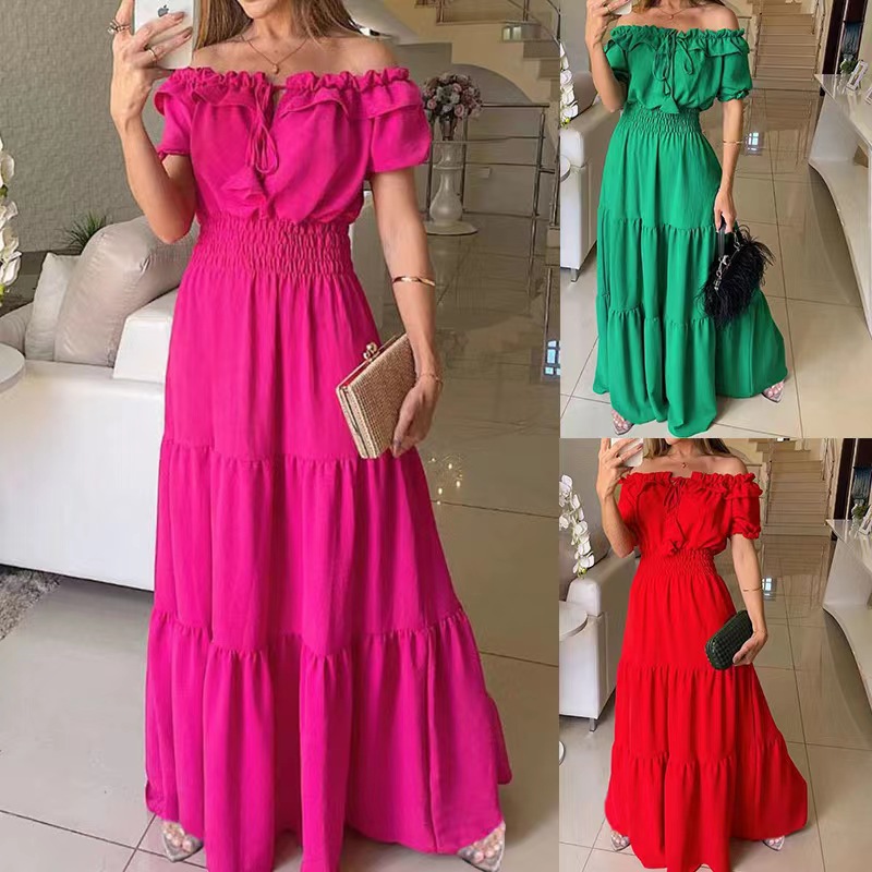 Verve 2025 New Fashion Solid Color Tie Leaf Edge Strapless Puff Sleeve Flared Dress_voghion.com