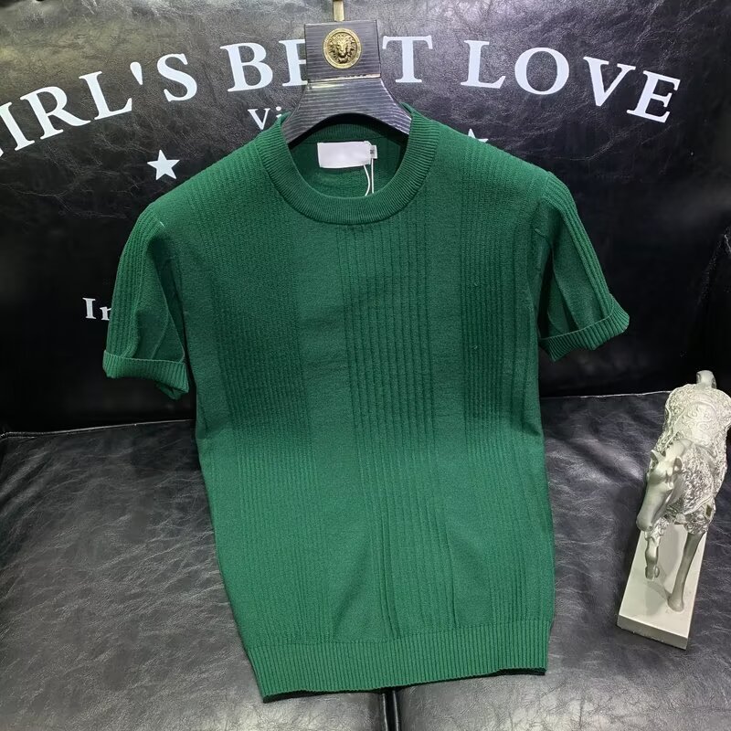 Herrenbekleidung Modemarke Ice Silk Kurzarm-T-Shirt Herren Sommer dünnes, schlankes Rundhals-Strickhemd mit All-Match-Casual-Tops_voghion.com