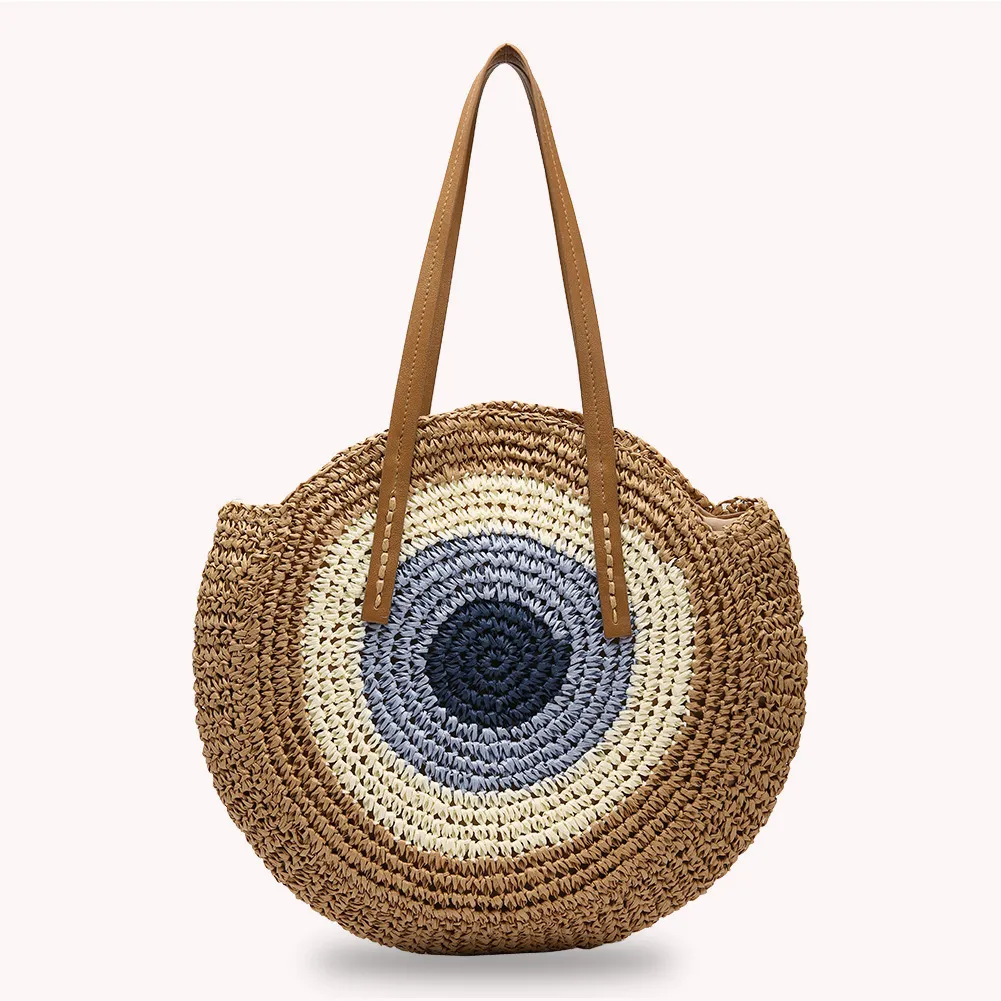Borsa a tracolla rotonda estiva da donna in rattan intrecciato, in paglia, fatta a mano, da spiaggia, per la spesa, con manico superiore_voghion.com