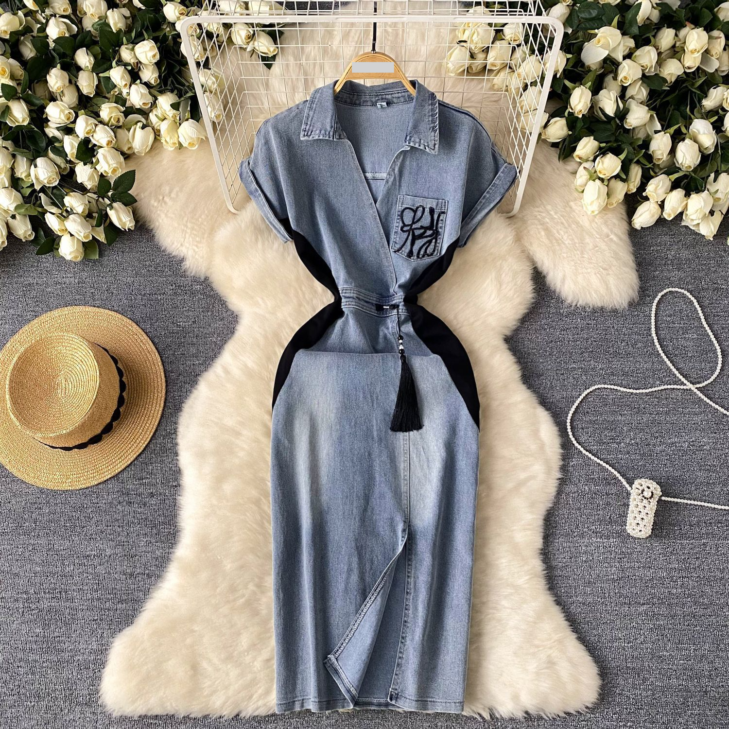 Vêtements pour femmes Robe en jean de style rétro tendance nationale pour femmes, nouvelle broderie rétro, taille amincissante, fente, hanche, portefeuille, mode, jupe longue