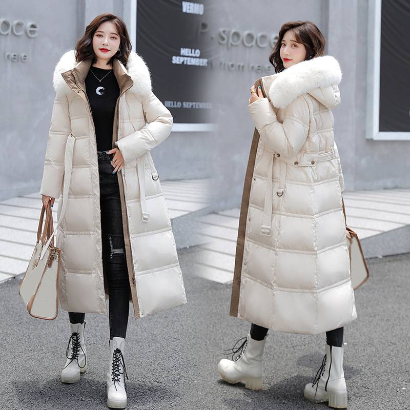 Women's Clothing Winter New Cotton Jacket Large Fur Collar Medium Length Slim Belt Slim Temperament Down Cotton Jacket Women's Jacket