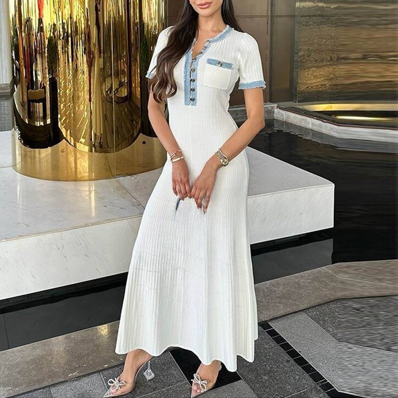 Women’s Clothing brand French robe casual knitted dress female elegant V neck waist denim ribbed long skirt