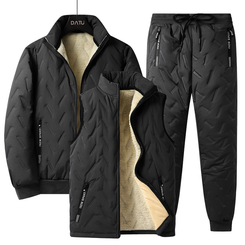 Vêtements pour hommes nouvelle veste en coton polaire d'agneau col montant grande taille plus velours épaissi décontracté ensemble complet veste en coton ensemble trois pièces
