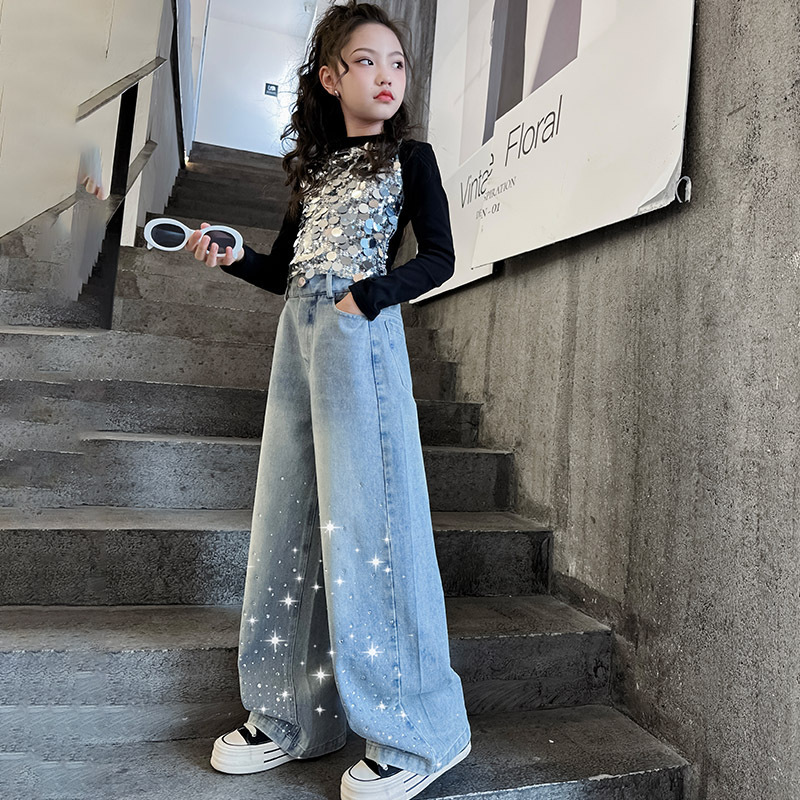 Mother & Kids Girls Jeans Suit Spring Trend 2025 New Korean Version Children's Street Hot Diamond Wide-Leg Pants Sequined T-Shirt_voghion.com