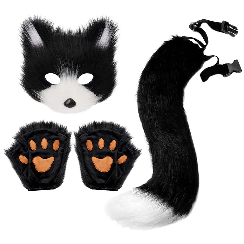 Chaveiro de cauda de raposa de pele fofa, luvas de patas de gato e conjunto de máscara de lobo Therian para acessórios de fantasia de cosplay de Halloween_voghion.com