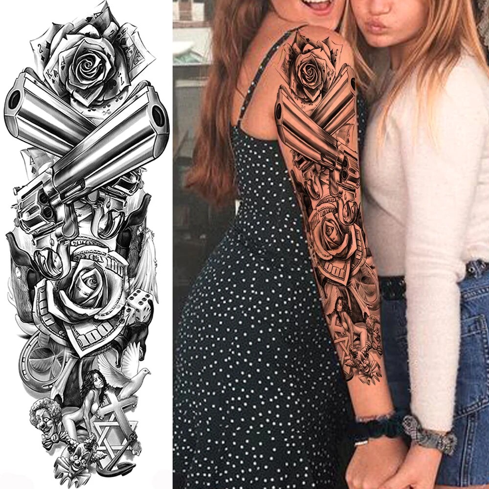 Autocol de tatuaje temporare complete sexy pentru braț pentru femei, bărbați, adulți, pistol, călugăriță, mâneci de tatuaj realiste, mari_voghion.com