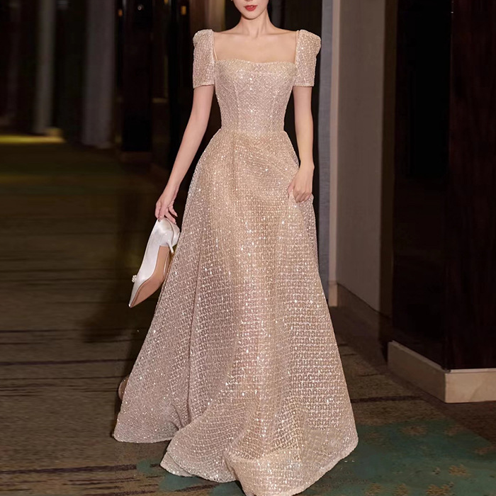 Elegant Square Neck Wedding Dress - Slim Fit Bridal Gown With Sparkling Sequins (A-Line Silhouette Lightweight Tulle For Ceremony & Evening Banquet)​