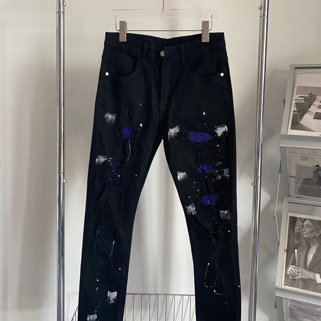 High Street Light Luxury Diamond Splash Ink Hole Jeans Men's Korean Style Trendy Slim Fit Elastic Small Feet Trendy Brand Trousers