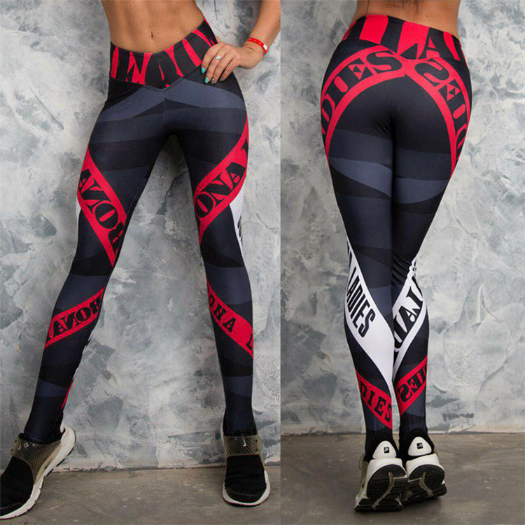 Women's alphanumerical printed yoga pants high-waisted hip lift exercise fitness dry running leggings