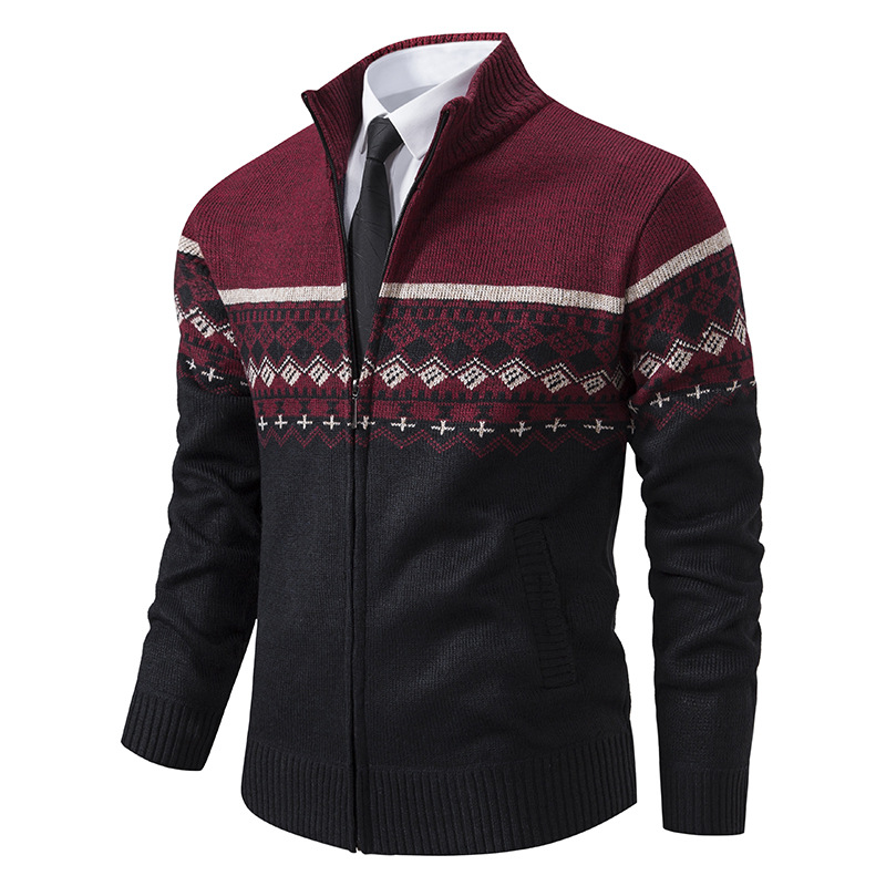 Negócios outono veludo engrossado suéter masculino de meia idade gola alta cor bloqueada retro jacquard cardigan de malha_voghion.com