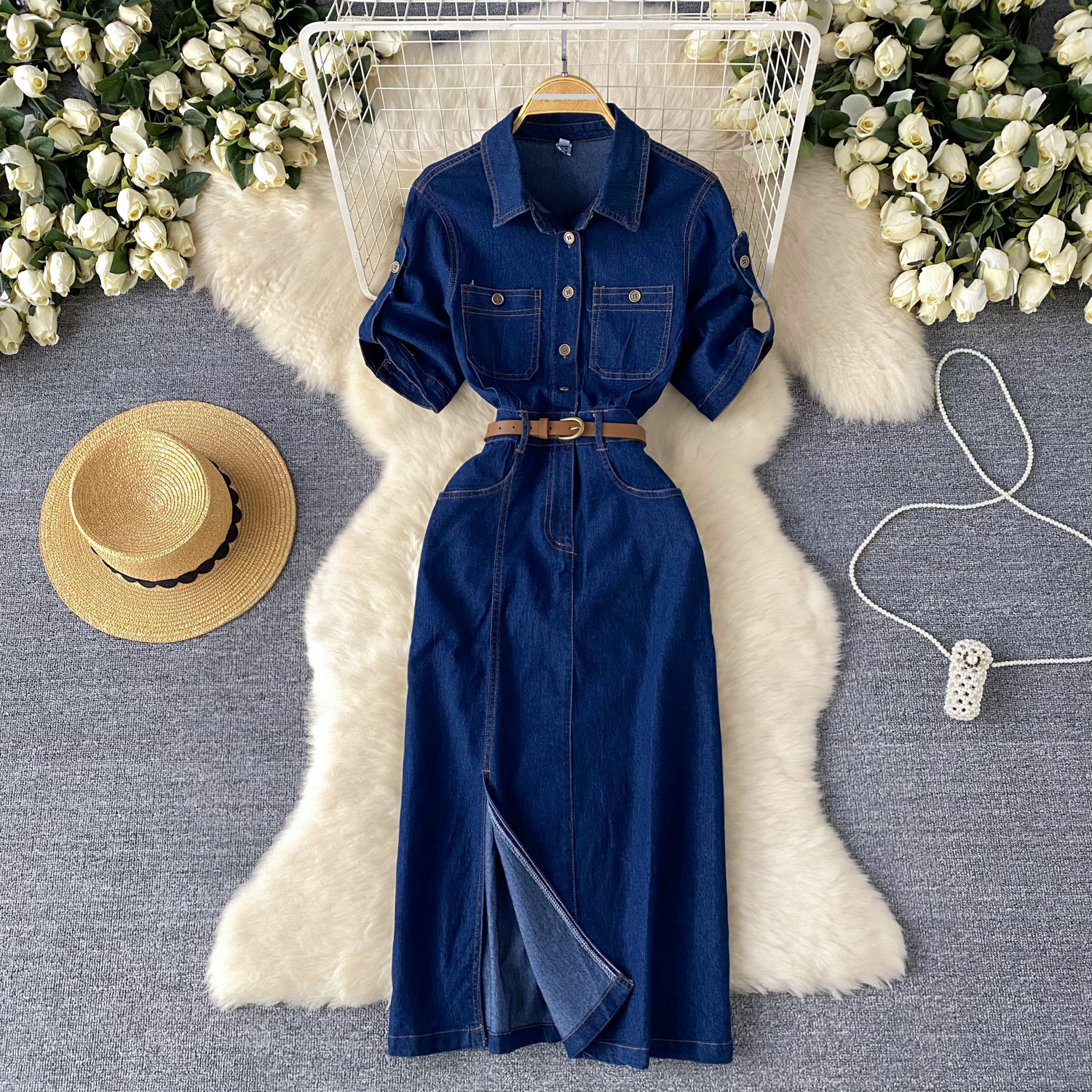 Vêtements pour femmes Robe en jean à col Polo haut de gamme de style célébrité de luxe léger pour femmes été ceinture fendue à la taille conception jupe longue de tempérament de niche