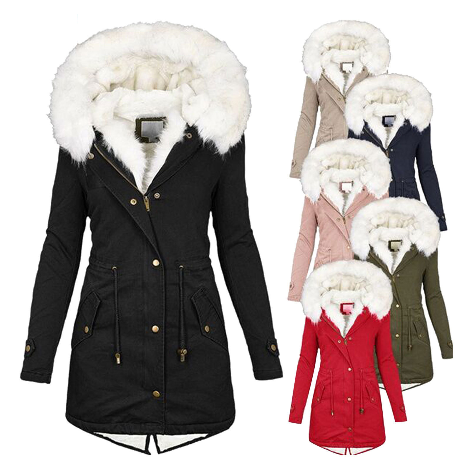 Women's Clothing  women's autumn and winter mid length windbreaker white fur collar hooded warm plus velvet women's coat